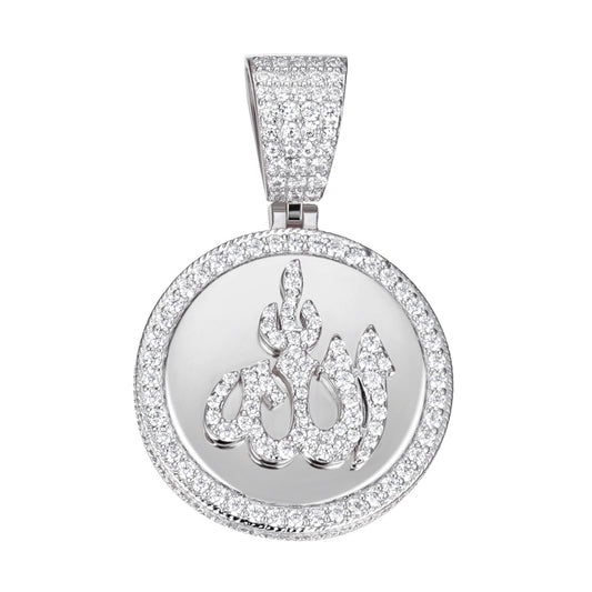 Sterling Silver 35mm Round Moissanite Muslim God Allah Religious Pendant RP 4-5/8 Cttw