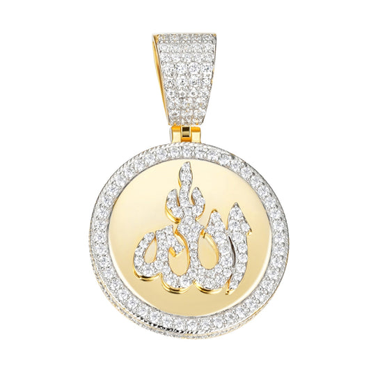 Sterling Silver 35mm Round Moissanite Muslim God Allah Religious Pendant RP+GP 4-5/8 Cttw