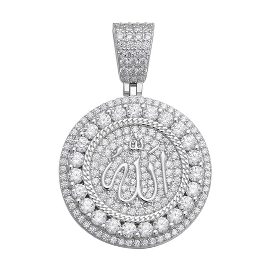 Sterling Silver 35mm Round Moissanite Muslim God Allah Religious Pendant RP 8 Cttw