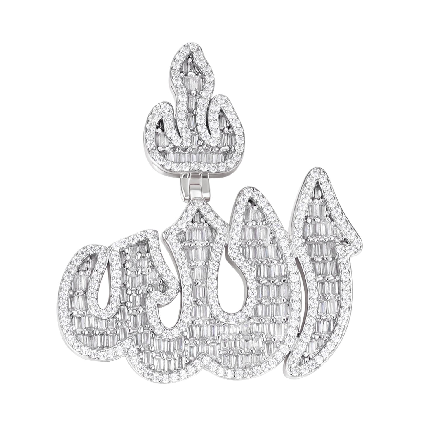 Sterling Silver Round Baguette Moissanite Muslim God Allah Religious Pendant RP 5-1/4 Cttw