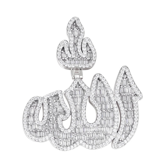 Sterling Silver Round Baguette Moissanite Muslim God Allah Religious Pendant RP 5-1/4 Cttw