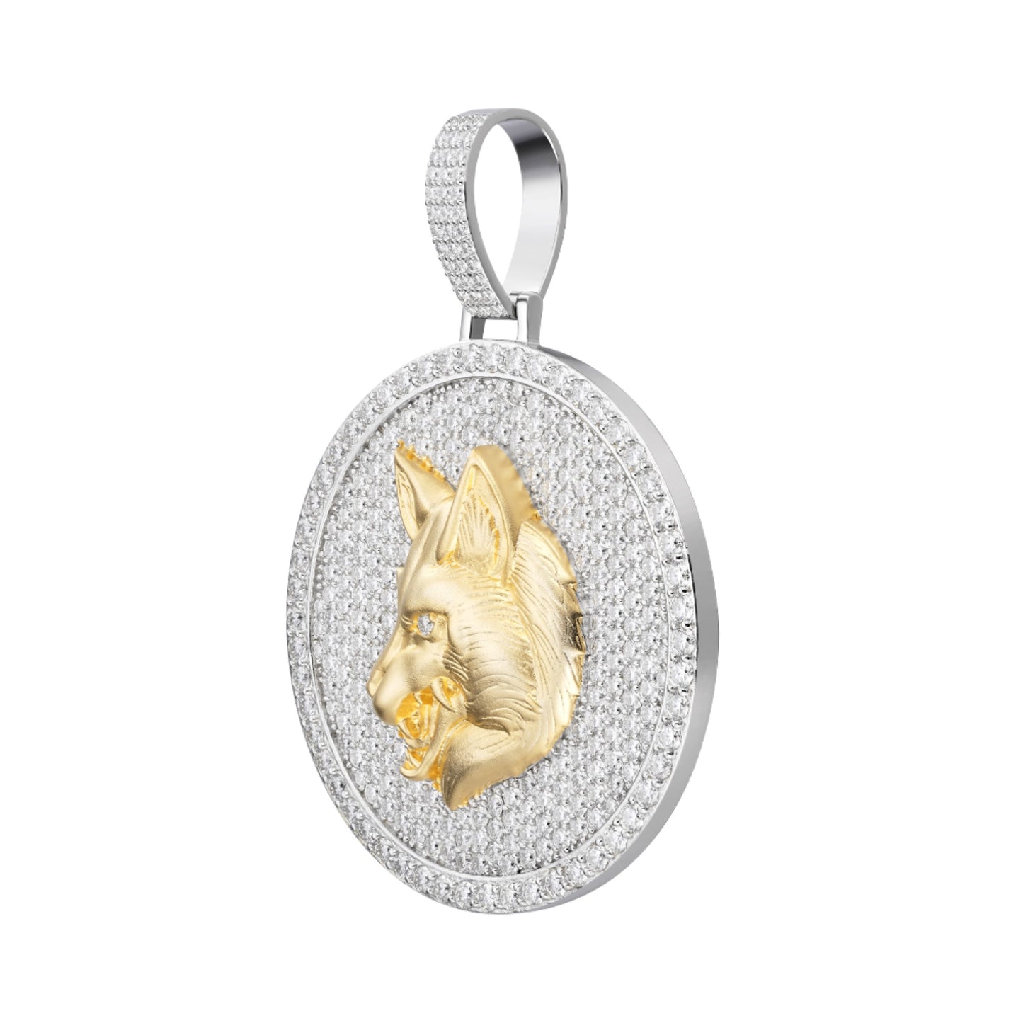 Sterling Silver Round Moissanite Wolf Animal Pendant RP+GP 10-7/8 Cttw