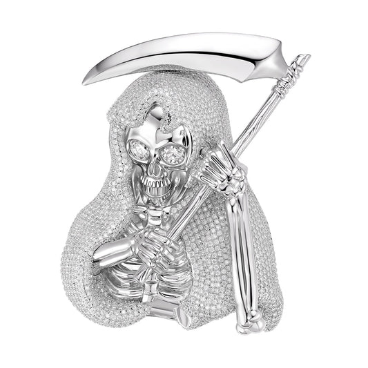Sterling Silver Round Moissanite Grim Reaper Pendant RP 67 3/4 Cttw