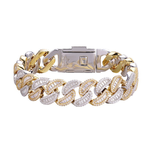Sterling Silver Round 15mm Moissanite Round and Baguette in Centre Cuban 8.50 Inch Bracelet RP+GP 15-7/8 Cttw