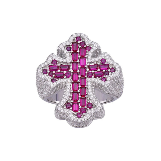 Sterling Silver Round Moissanite With Red CZ Mens Cross Religious SZ 10 Ring RP 2-5/8 Cttw