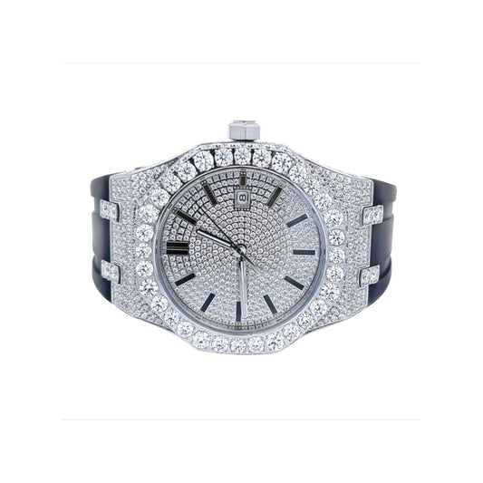 Moissanite Stainless Steel Watch Black Rubber Band 15-3/4 Cttw