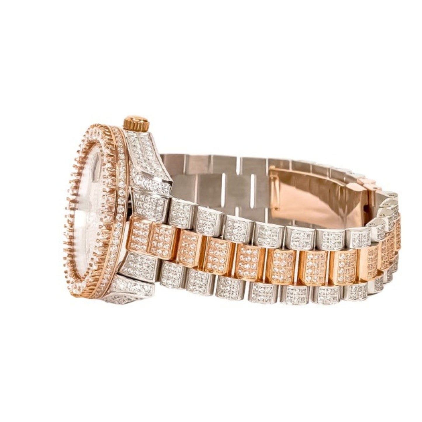 Moissanite Stainless Steel Rose Two Tone Band Mens Watch 17-1/3 Cttw