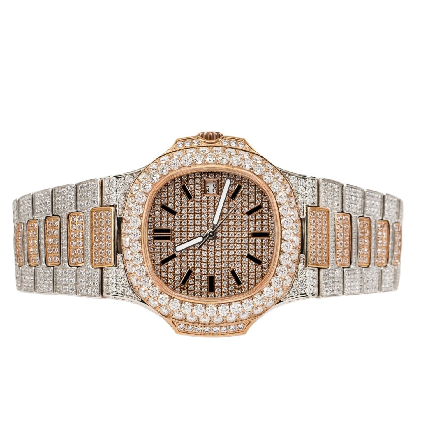 Moissanite Stainless Steel Rose Two Tone Band Mens Watch 18-1/3 Cttw