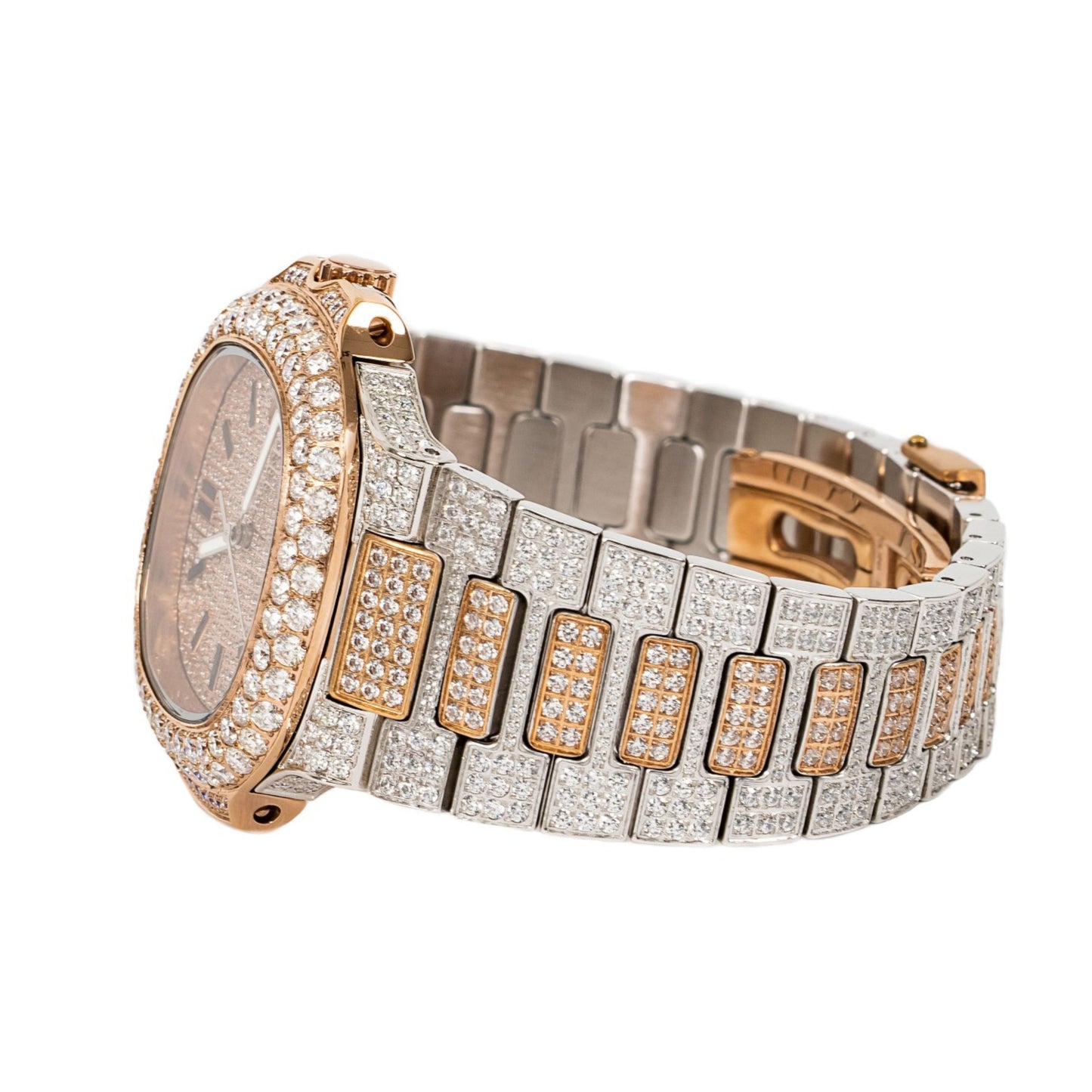 Moissanite Stainless Steel Rose Two Tone Band Mens Watch 18-1/3 Cttw