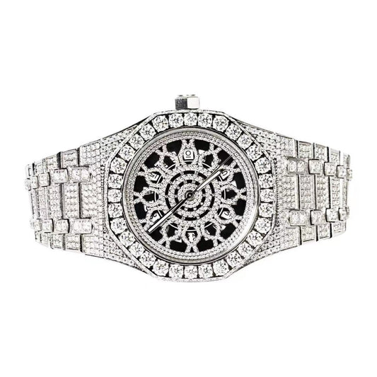 Moissanite Stainless Steel Skeleton Dial White Band Mens Watch