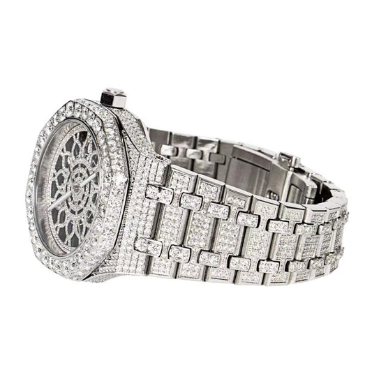 Moissanite Stainless Steel Skeleton Dial White Band Mens Watch
