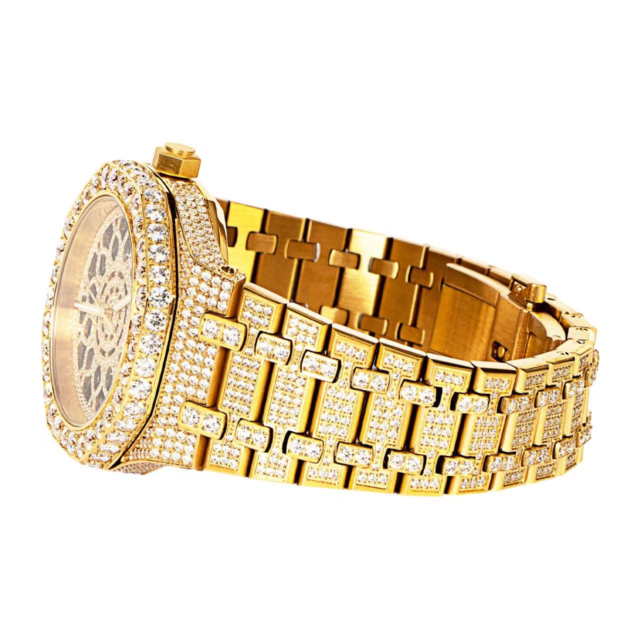 Moissanite Stainless Steel Skeleton Dial Yellow Band  Mens Watch