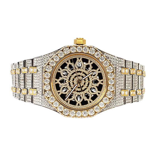 Moissanite Stainless Steel Two Tone Yellow Band Mens Watch