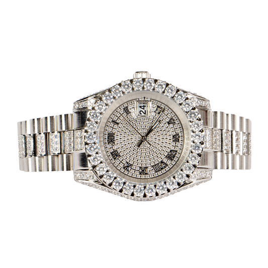 Moissanite Stainless Steel Mens White Steel Band Watch