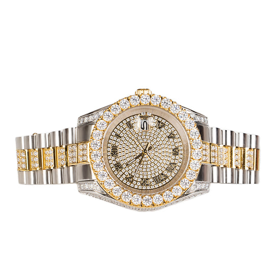 Moissanite Stainless Steel Mens Yellow White Two Tone Steel Band Watch