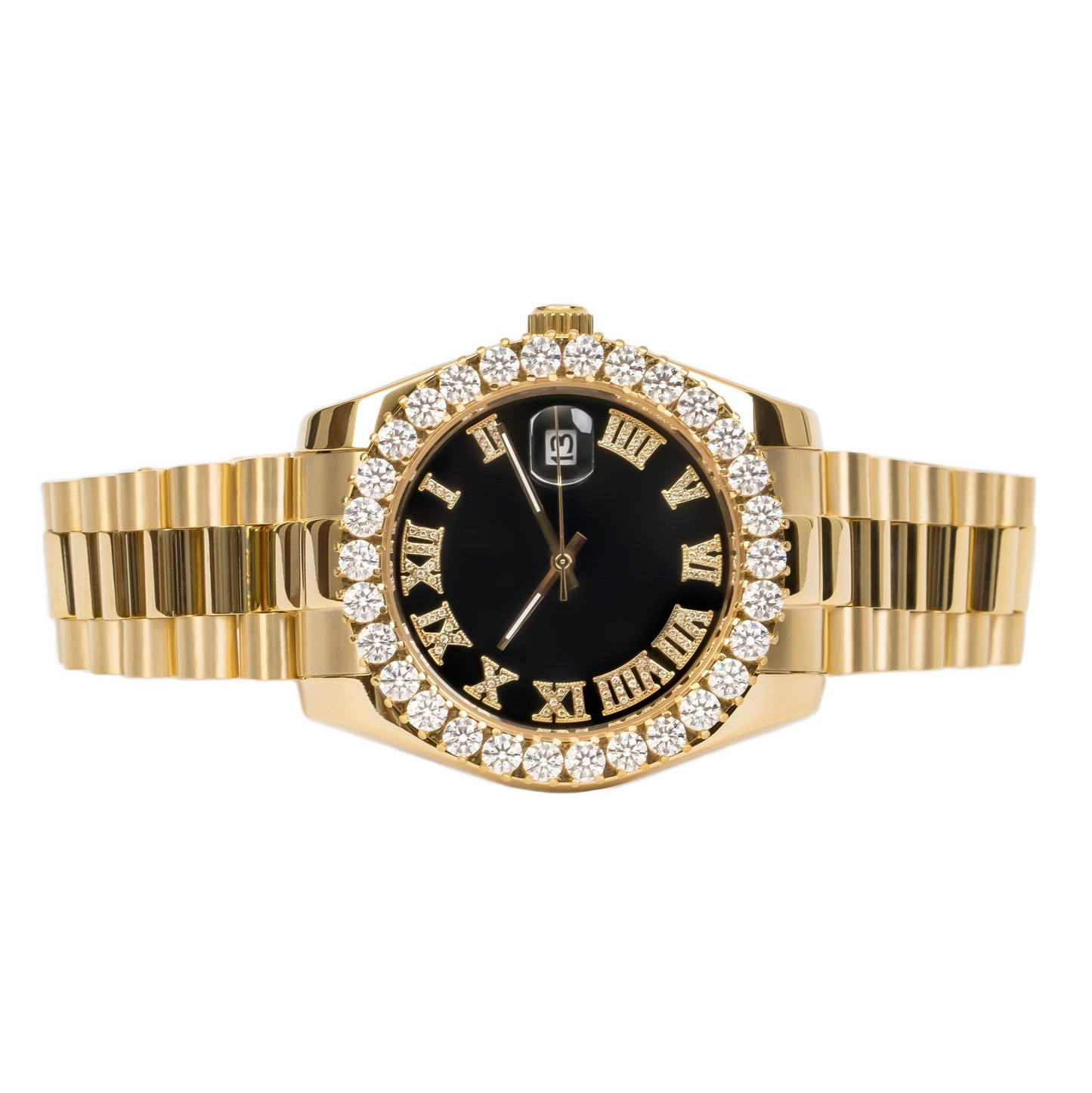 Moissanite Stainless Steel Black Dial Mens Yellow Steel Band Watch