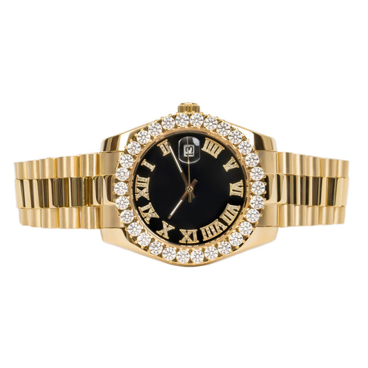 Moissanite Stainless Steel Black Dial Mens Yellow Steel Band Watch