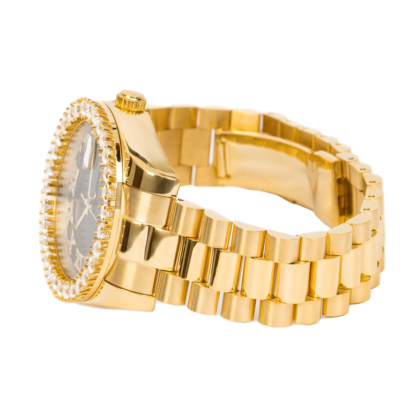 Moissanite Stainless Steel Black Dial Mens Yellow Steel Band Watch