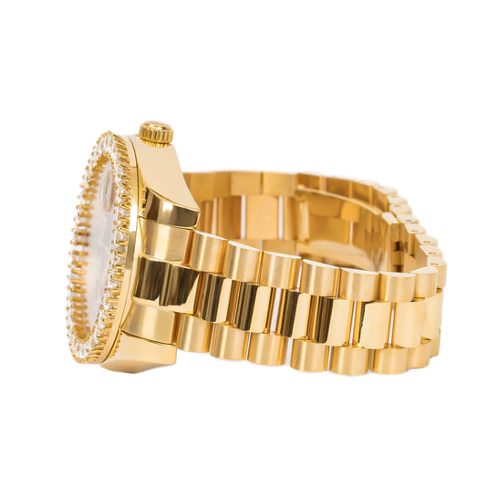 Moissanite Stainless Steel Red Dial Mens Yellow Steel Band Watch