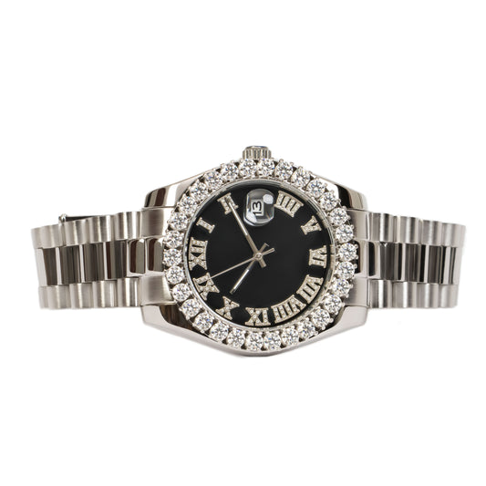 Moissanite Stainless Steel Black Dial Mens White Steel Band Watch