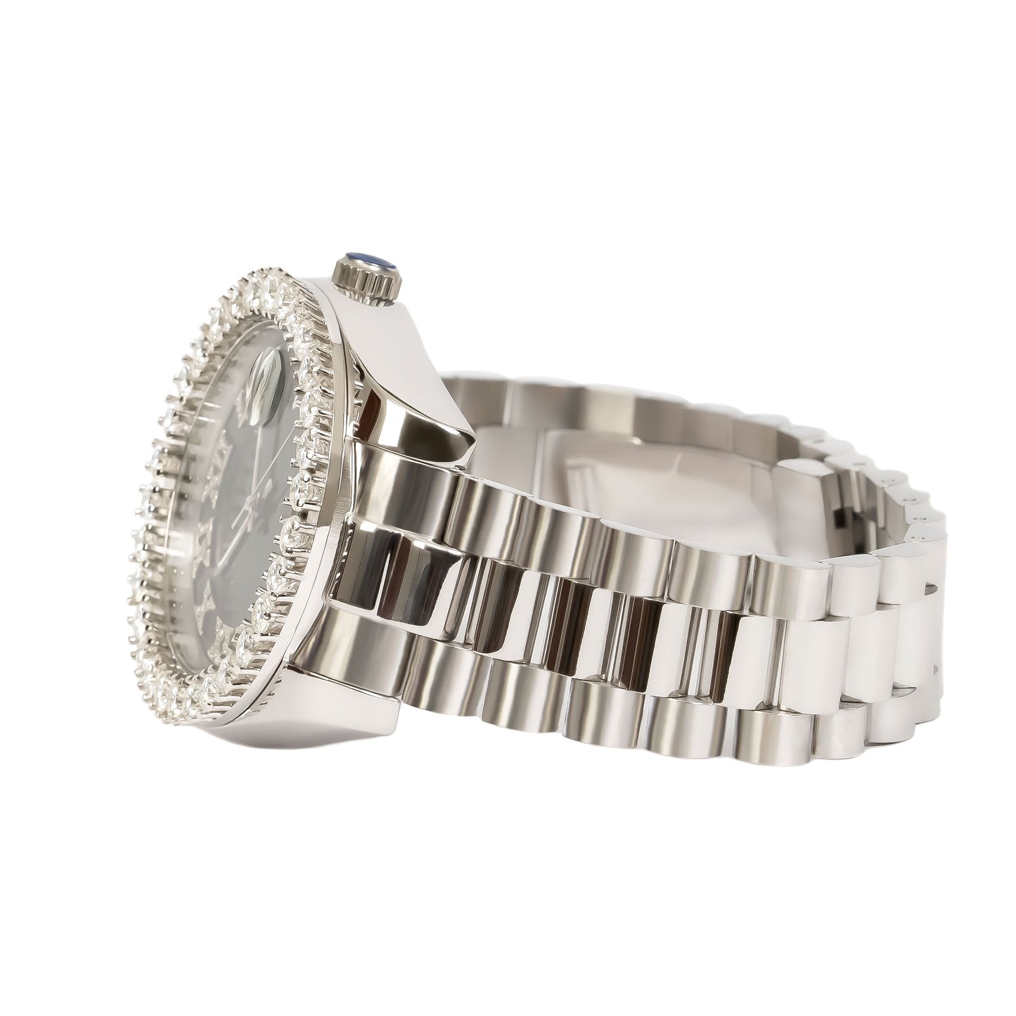 Moissanite Stainless Steel Black Dial Mens White Steel Band Watch