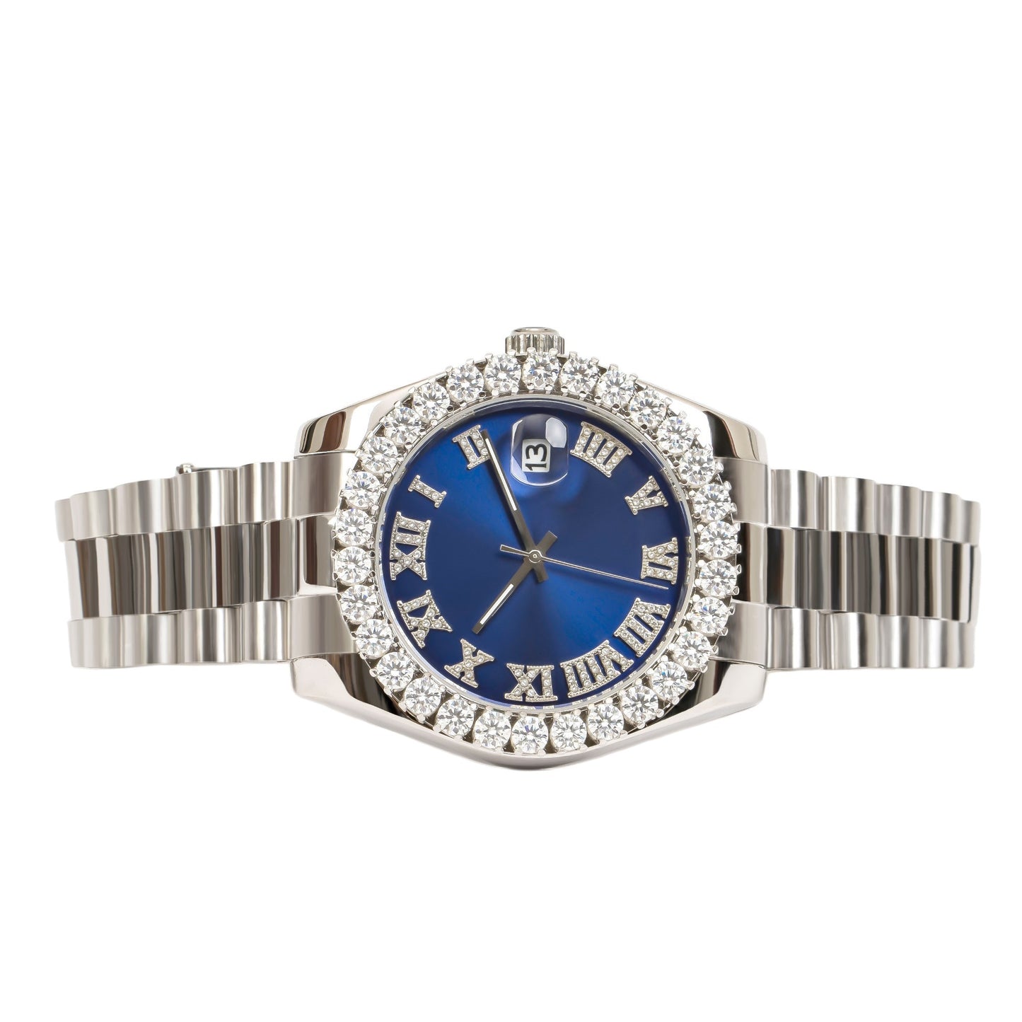 Moissanite Stainless Steel Blue Dial Mens White Steel Band Watch