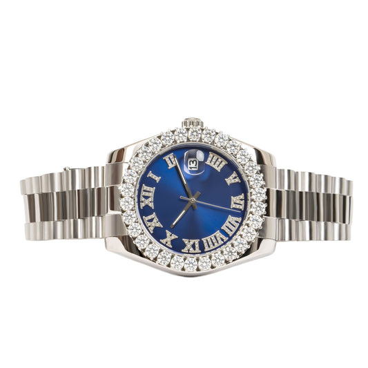 Moissanite Stainless Steel Blue Dial Mens White Steel Band Watch