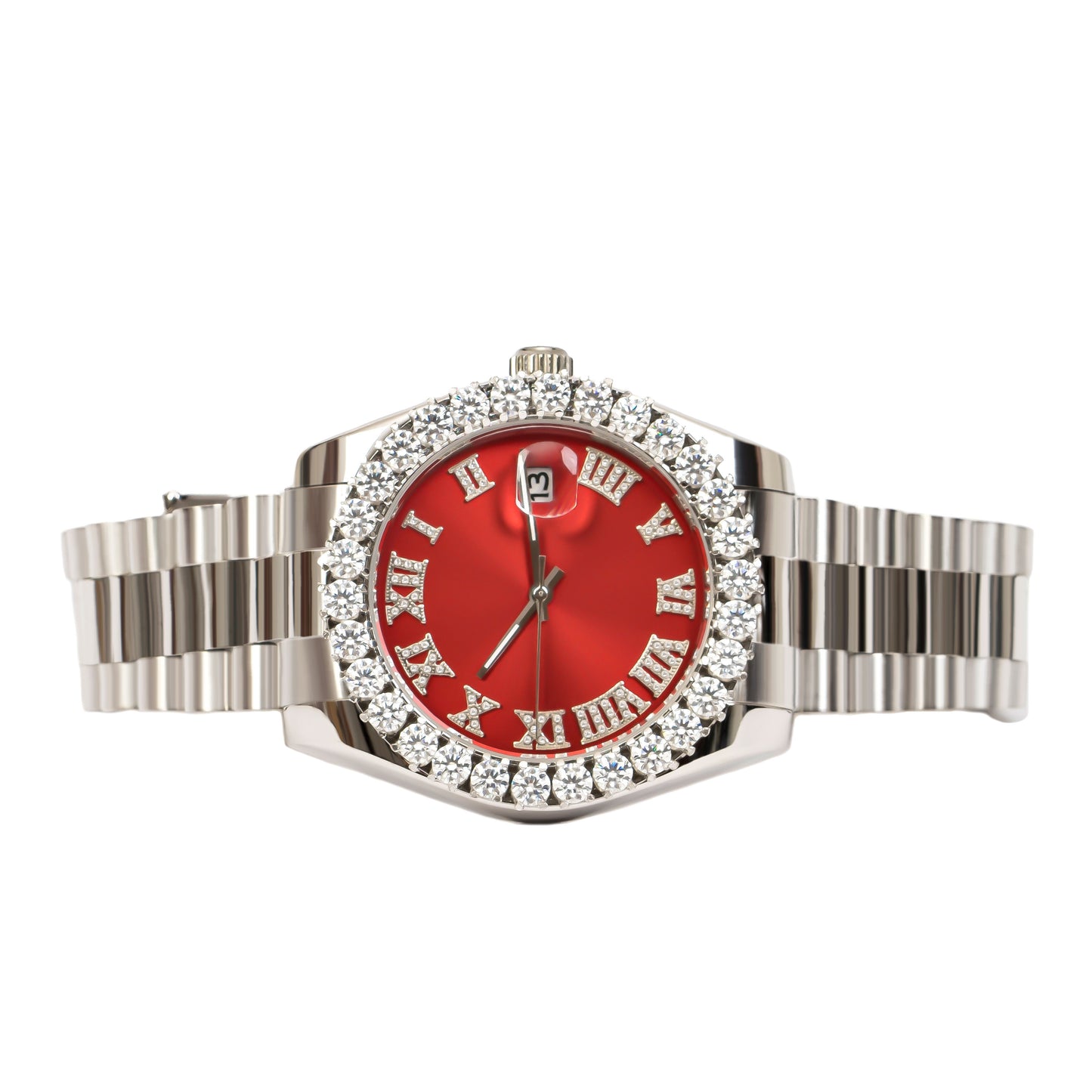 Moissanite Stainless Steel Red Dial Mens White Steel Band Watch