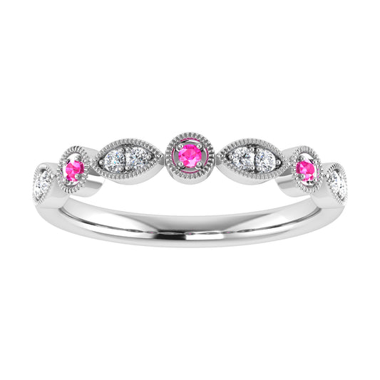 Diamond 1/8 Ct.Tw. And Pink Sapphire Ring in 10K White Gold
