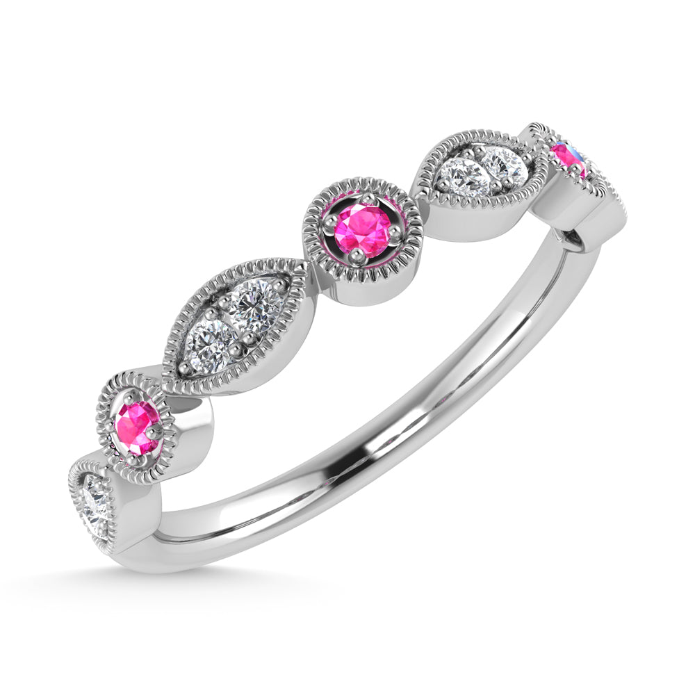 Diamond 1/8 Ct.Tw. And Pink Sapphire Ring in 10K White Gold