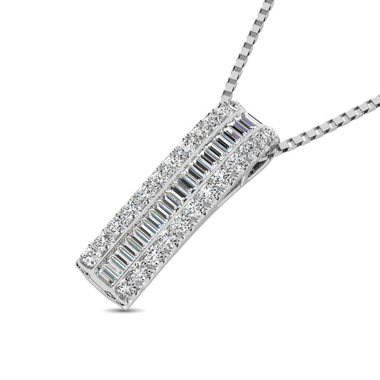 14K Rose Gold Round and Baguette Diamond 1/3 Ct.Tw. Drop Bar Pendant