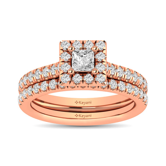 Diamond Classic Shank Single Halo Bridal Ring 1 Ct.tw Princess Cut in 14K Rose Gold