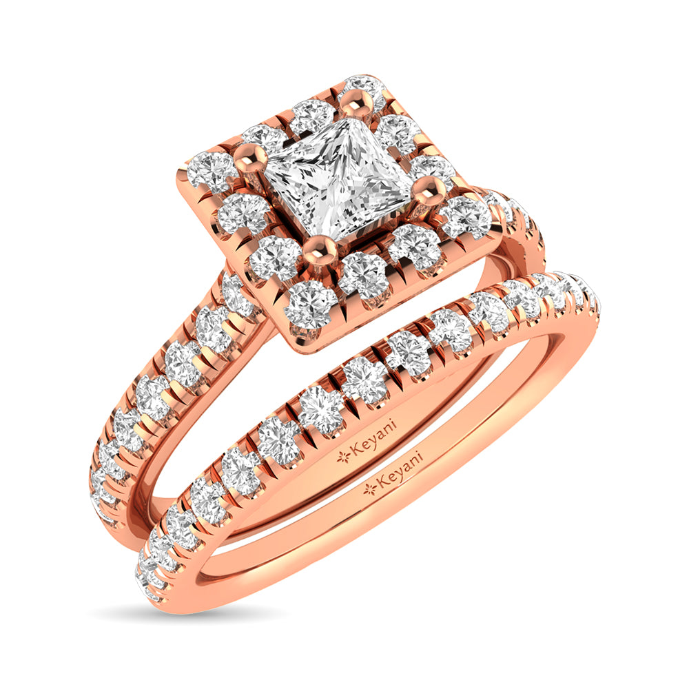 Diamond Classic Shank Single Halo Bridal Ring 1 Ct.tw Princess Cut in 14K Rose Gold