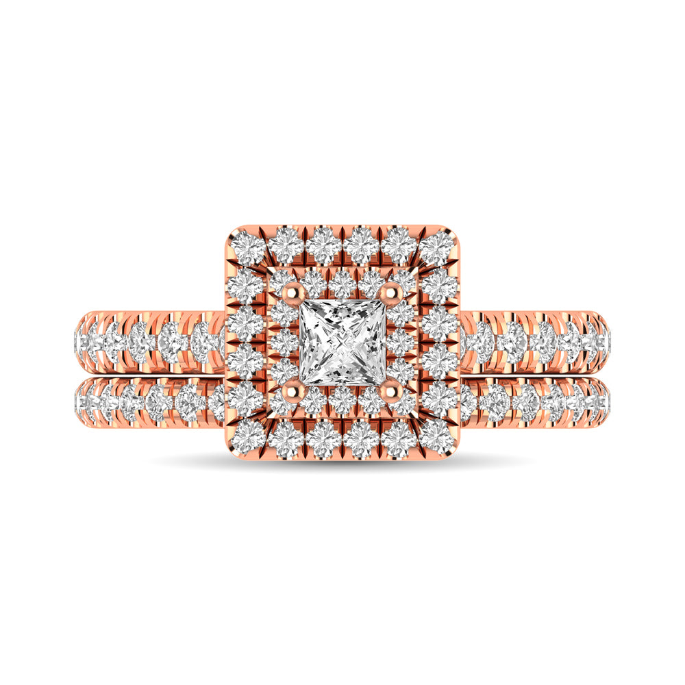 Diamond Classic Shank Double Halo Bridal Ring 1 Ct.tw Princess Cut in 14K Rose Gold