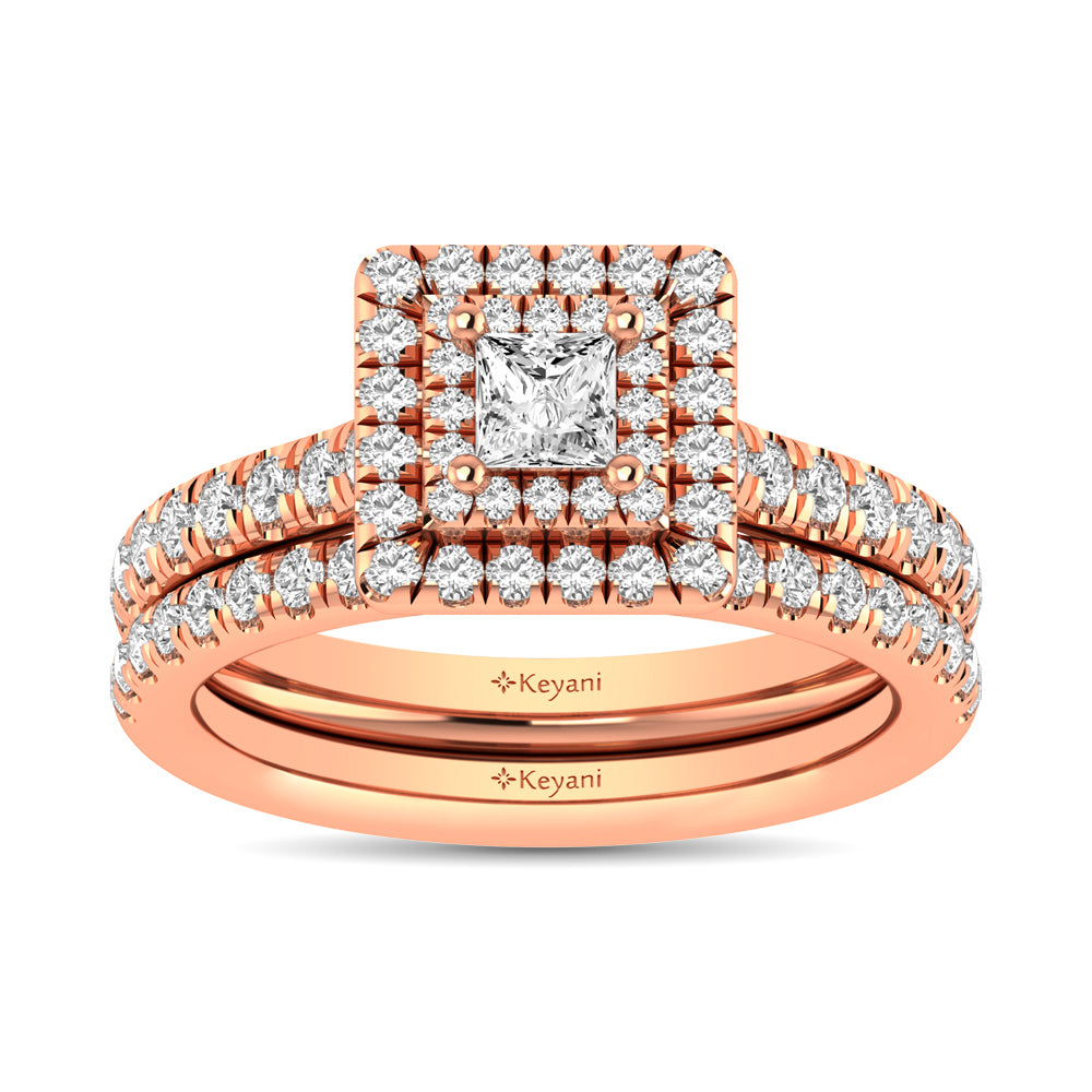 Diamond Classic Shank Double Halo Bridal Ring 1 Ct.tw Princess Cut in 14K Rose Gold