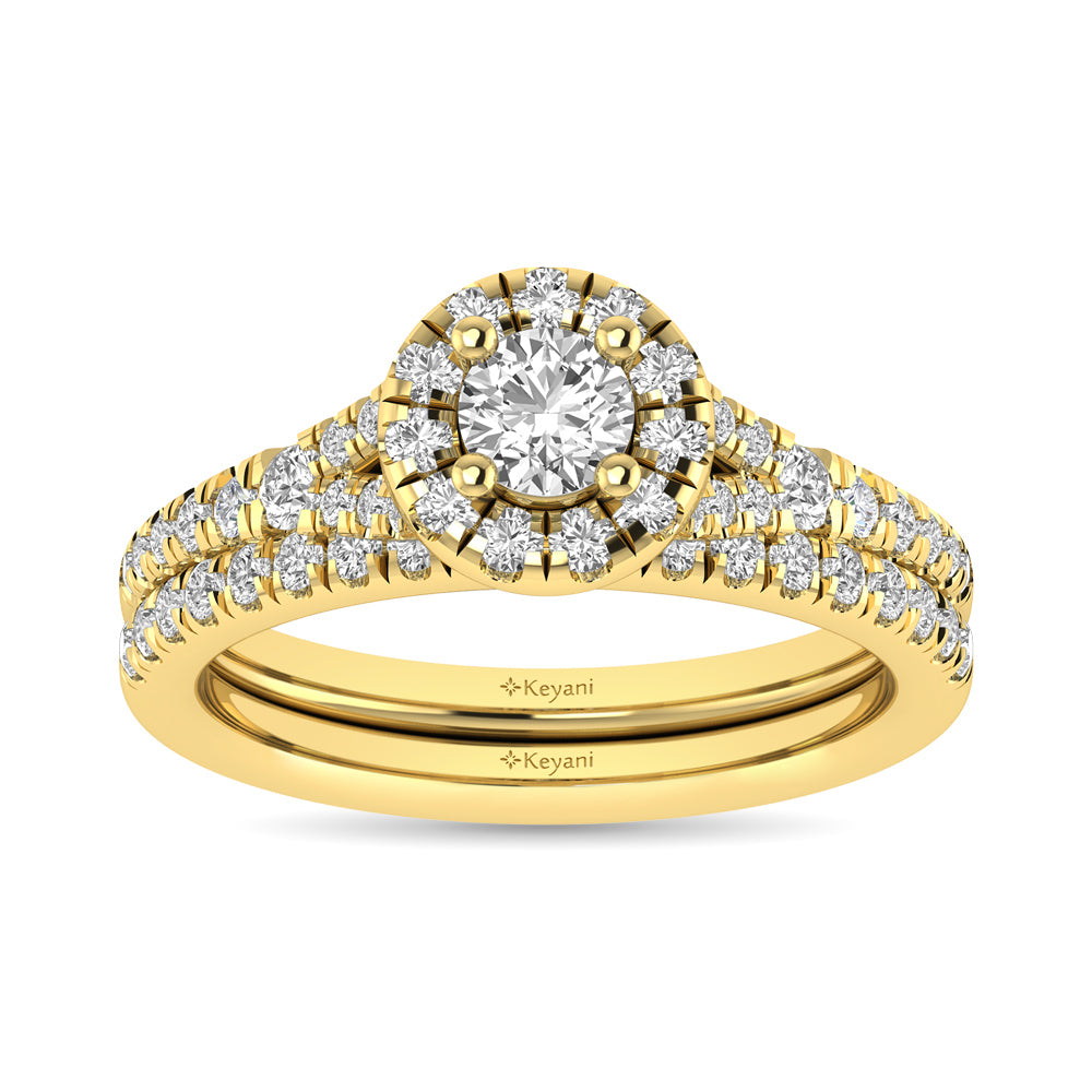 Diamond  Split Shank Single Halo Bridal Ring 1 Ct.tw Round Cut in 14K Yellow Gold