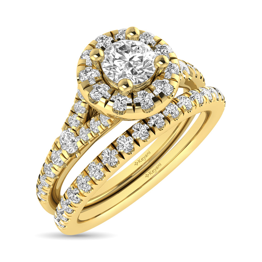 Diamond  Split Shank Single Halo Bridal Ring 1 Ct.tw Round Cut in 14K Yellow Gold