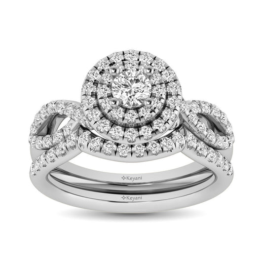 Diamond Twist Shank Double Halo Bridal Ring 3/4 Ct.tw Round Cut in 14K White Gold
