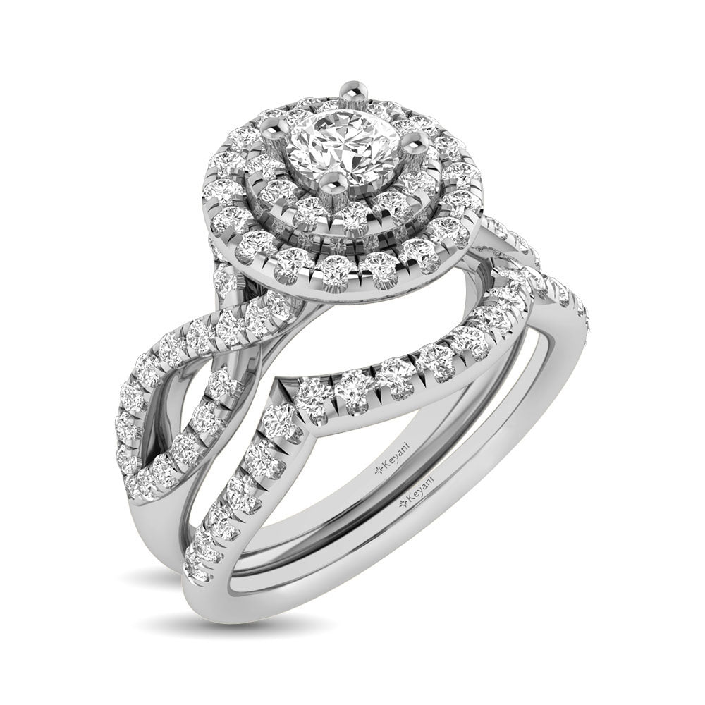Diamond Twist Shank Double Halo Bridal Ring 3/4 Ct.tw Round Cut in 14K White Gold
