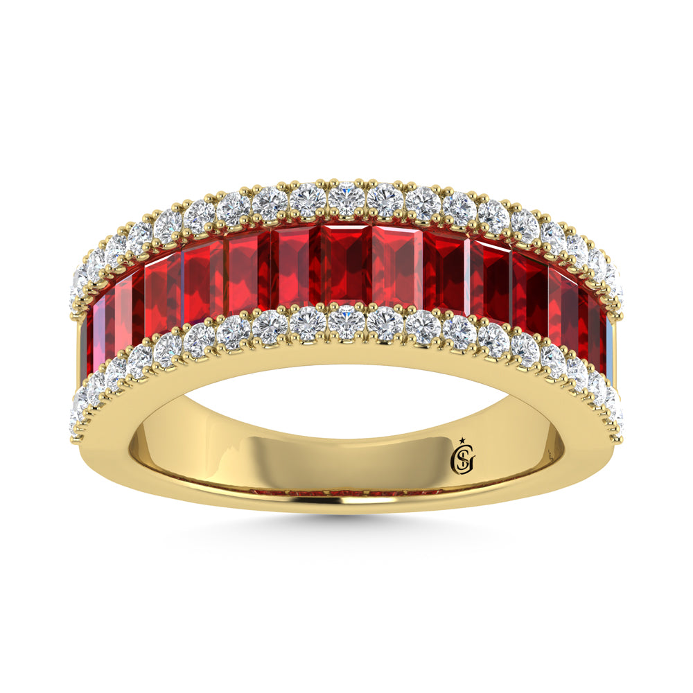 14K Yellow Gold Diamond 2 1/3 Ct. Tw.  Straight Baguette Ruby Band