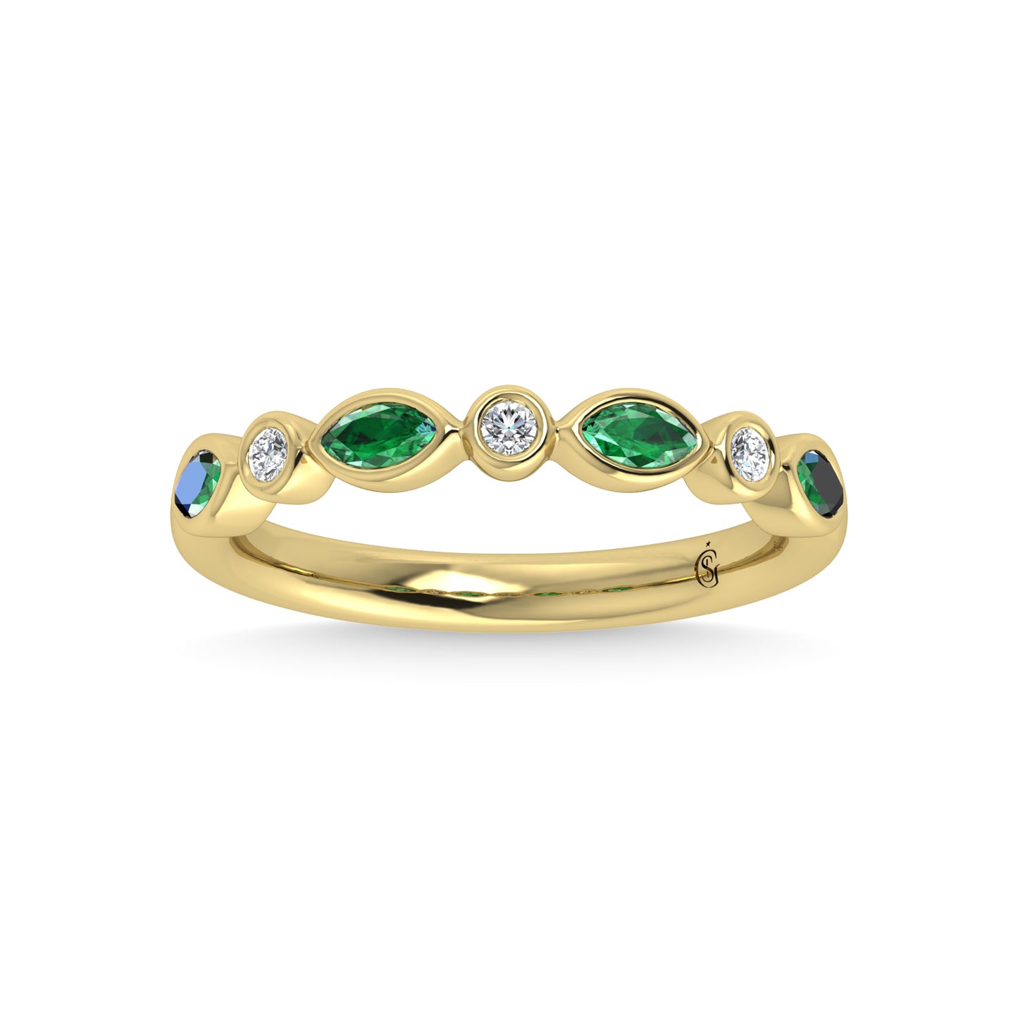 14K Yellow Gold Diamond 3/8 Ct.Tw. Bezel Set Round and Emerald Band