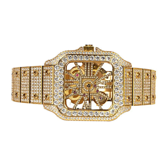 Stainless Steel CZ Yellow Tone Mens Automatic Watch