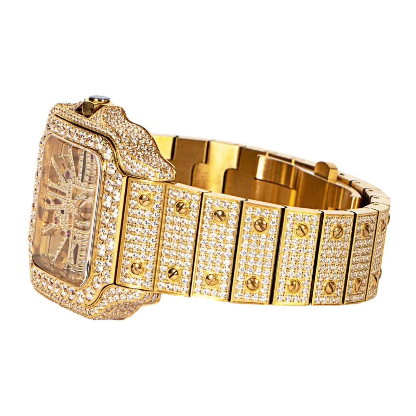 Stainless Steel CZ Yellow Tone Mens Automatic Watch