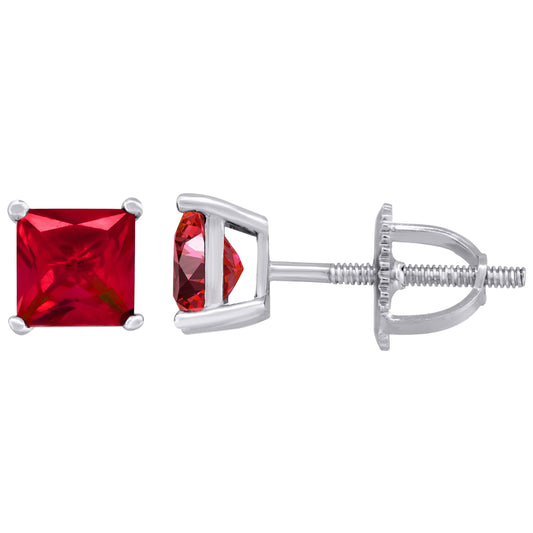 925 Silver 5mm Cz Square Screwback Earrings - Red