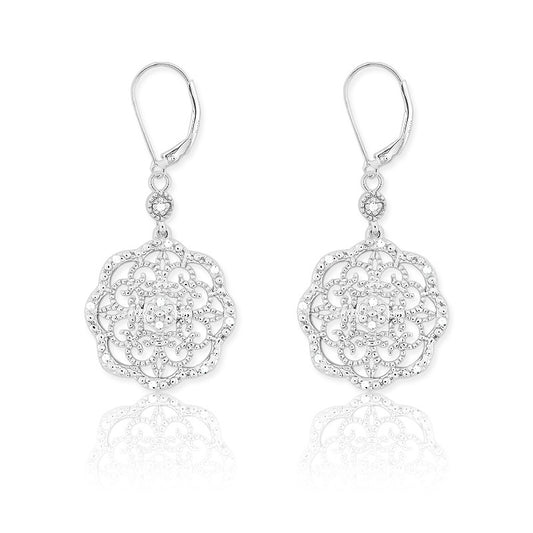 Sterling Silver Flower  Diamond Earrings