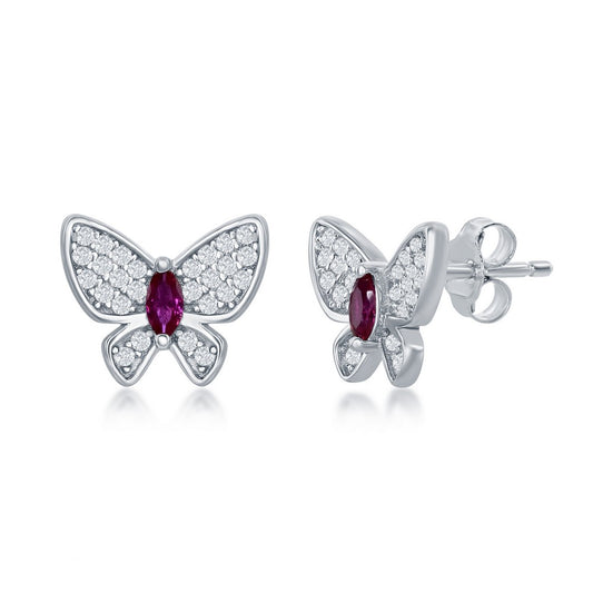 Sterling Silver, White & Ruby CZ Butterfly Stud Earrings