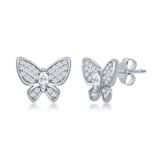 Sterling Silver, White CZ Butterfly Stud Earrings