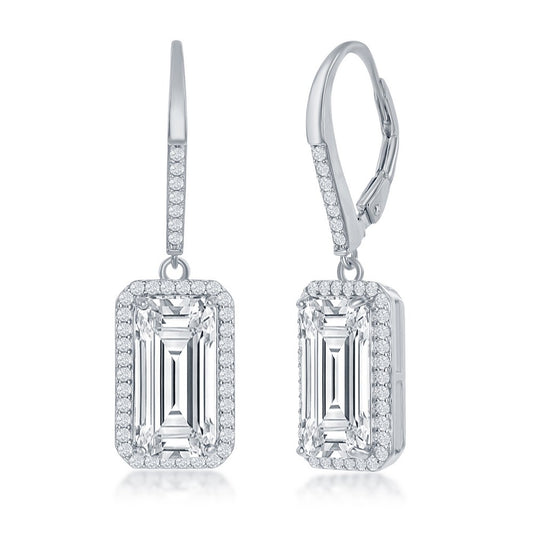 Sterling Silver Emerald-Cut CZ with CZ Border Dangle Earrings