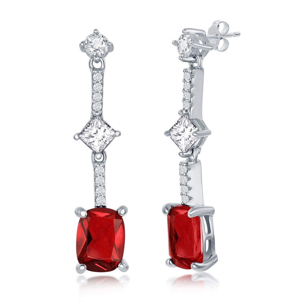 Sterling Silver, White & Cushion-Cut CZ Earrings - Ruby