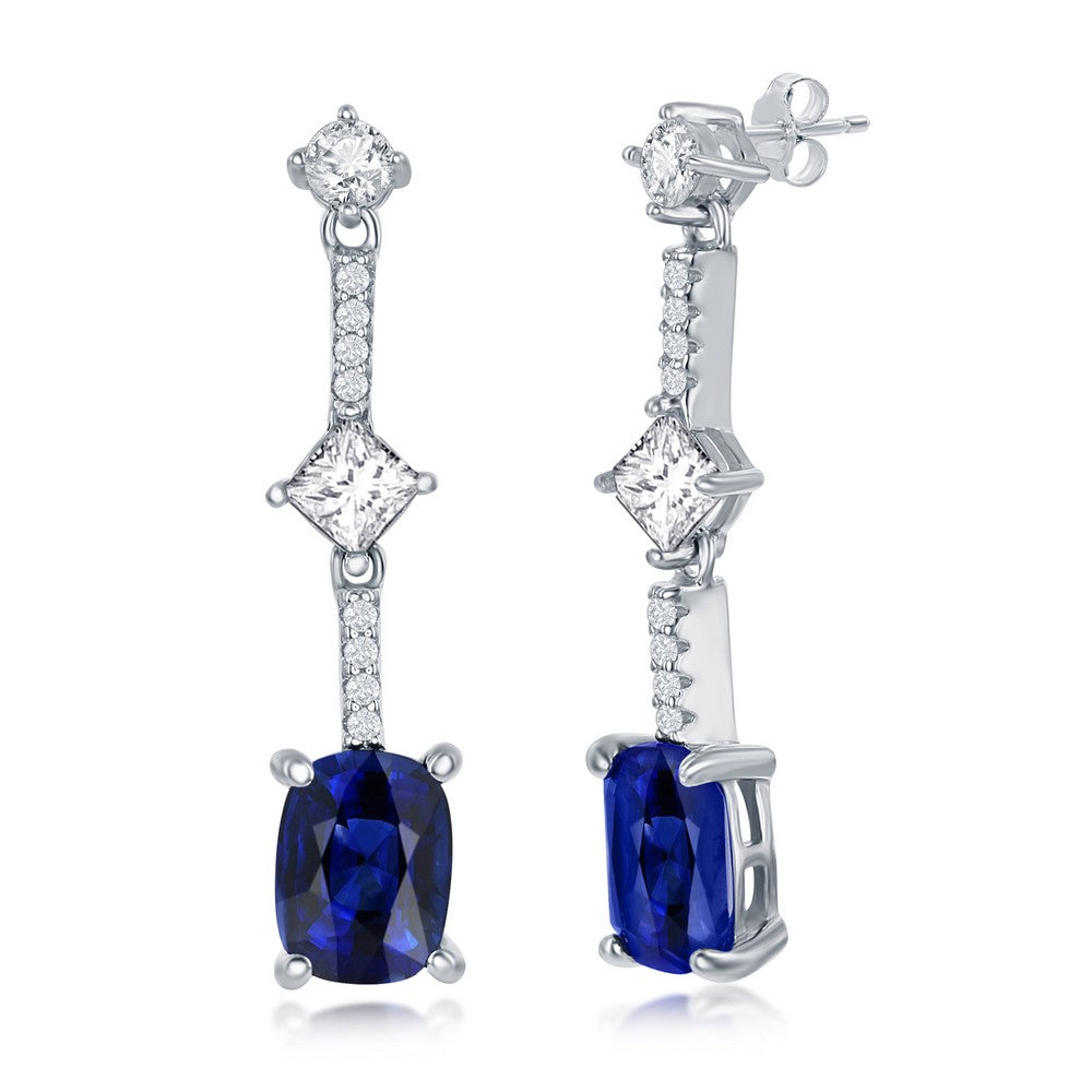 Sterling Silver, White & Cushion-Cut CZ Earrings - Sapphire
